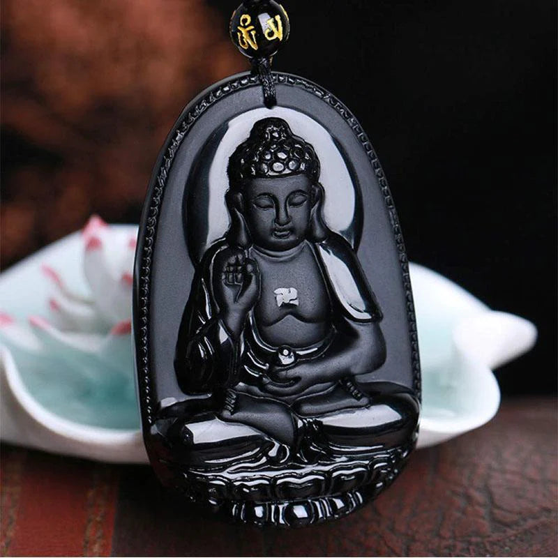 Black Obsidian Buddha Necklace Pendant - Protection & Courage