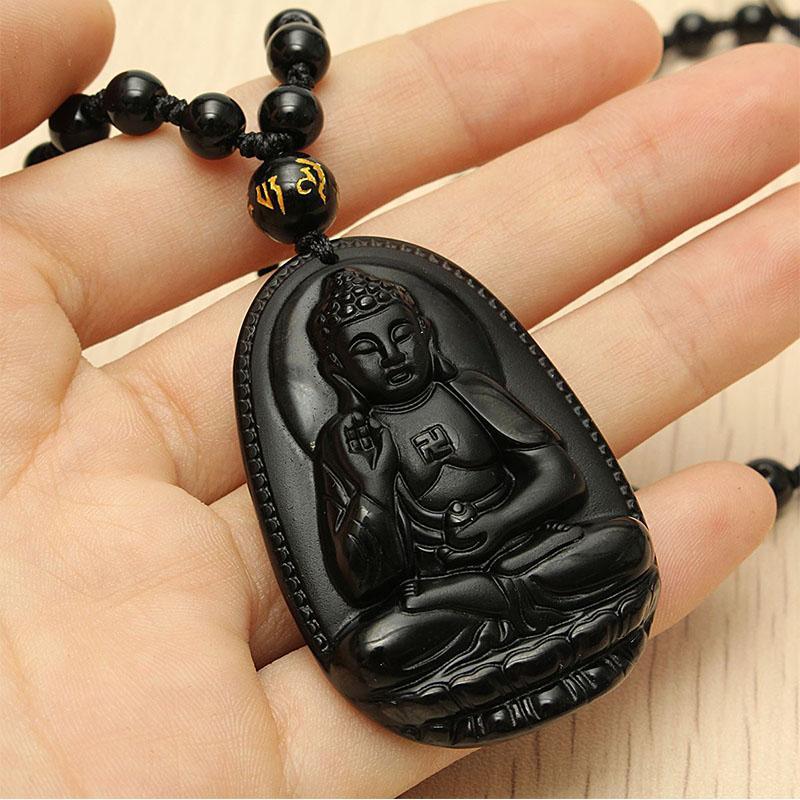 Black Obsidian Buddha Necklace Pendant - Protection & Courage