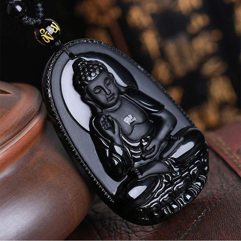 Black Obsidian Buddha Necklace Pendant - Protection & Courage