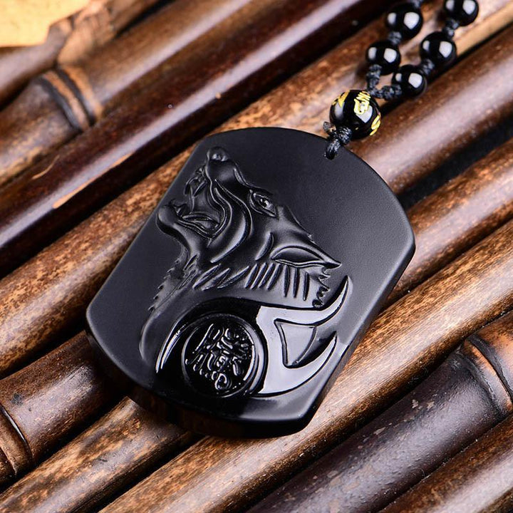 Black Obsidian Wolf Protection Necklace Wolf Pendant