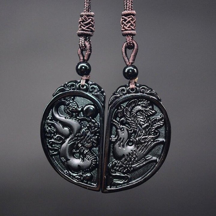 Half Heart Necklace for Couples - Obsidian Dragon and Phoenix Pendant Set