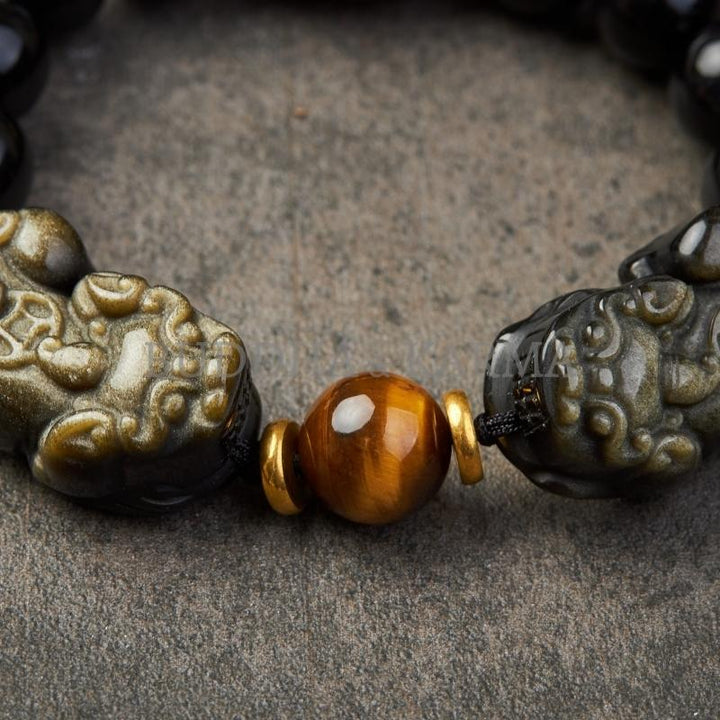 Natural Gold Obsidian Double Pixiu Bracelet