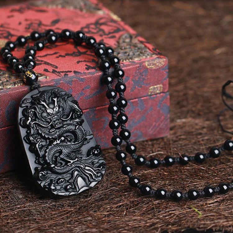 Natural Black Obsidian Dragon Necklace - Protection, Luck, Success