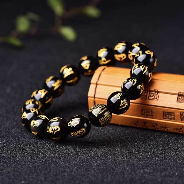 Obsidian Mani Mantra Bracelet - Luck & Protection