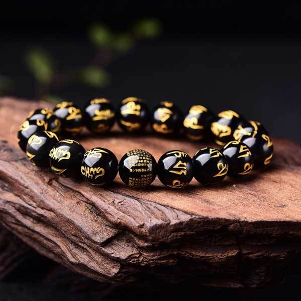 Obsidian Mani Mantra Bracelet - Luck & Protection