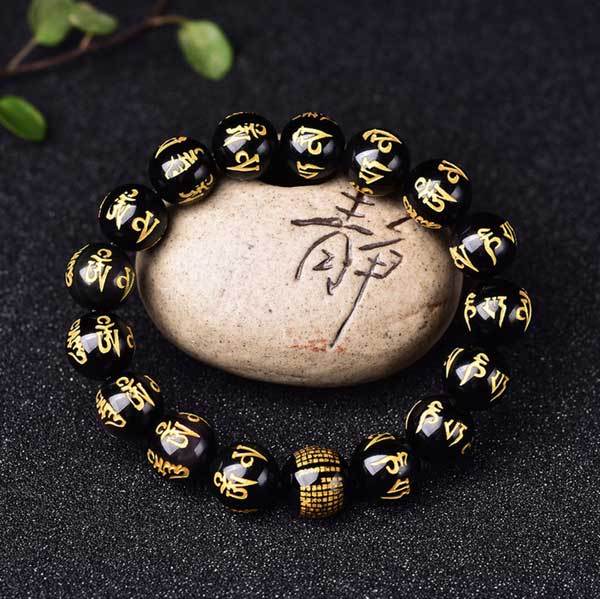 Obsidian Mani Mantra Bracelet - Luck & Protection