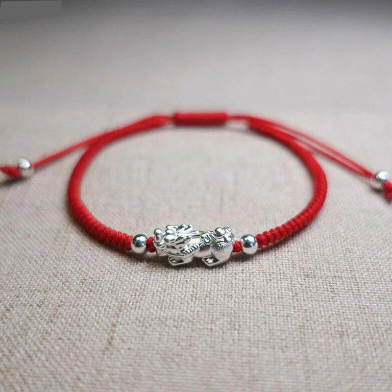 Red String Silver Pixiu Bracelet - Attract Windfall Luck