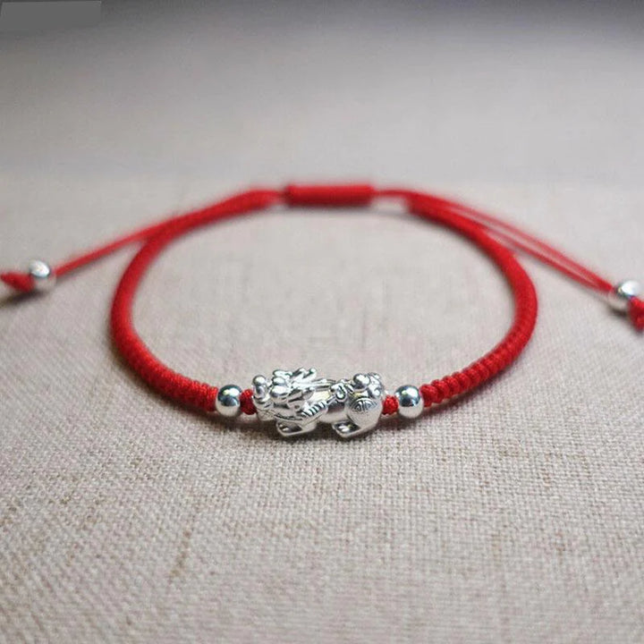 Red String Silver Pixiu Bracelet - Attract Windfall Luck