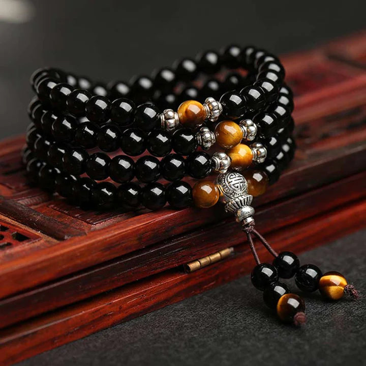 Black Obsidian Tiger Eye Blessing Mala Bracelet